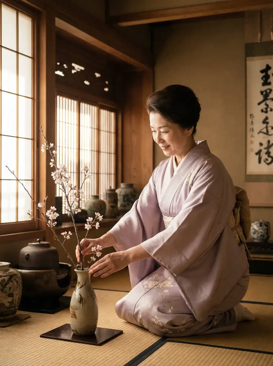 一位优雅的 魔兽世界坐骑大全 在和室中插花